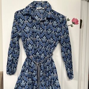 Zara Blue and White Ruched Tiered Long Sleeve Dress